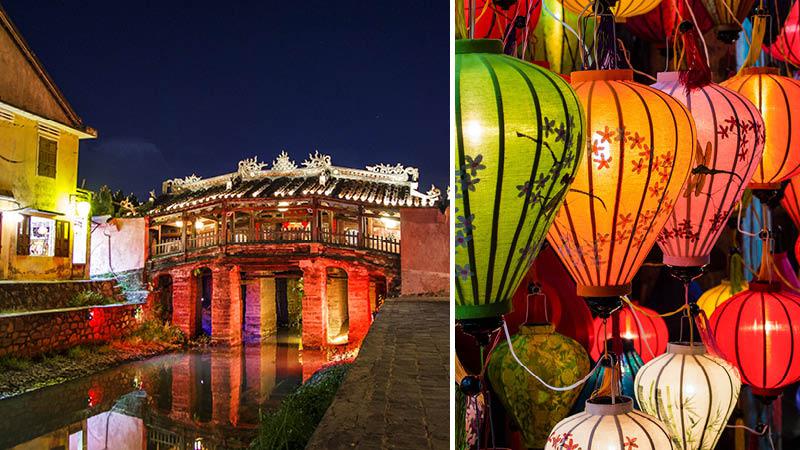 den japanske bro og papirlamper aften i Hoi An i Vietnam
